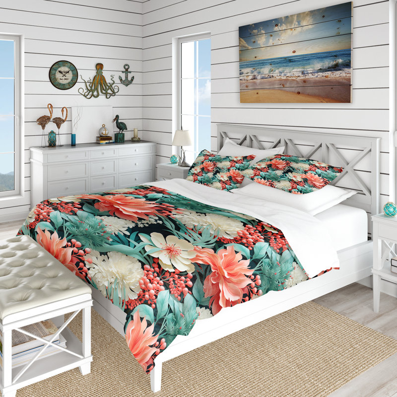 Coral Serenade Tropical Pattern I Floral Duvet Cover, King Duvet Cover + 2 King Shams