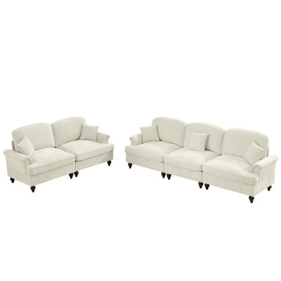 Ensemble de canapé de salon modulaire classique 2 pièces avec accoudoirs évasés et volants amovibles, jupes plissées et pieds fuselés, canapé 3 places + ensemble de canapé causeuse 2 places pour le salon, blanc beige