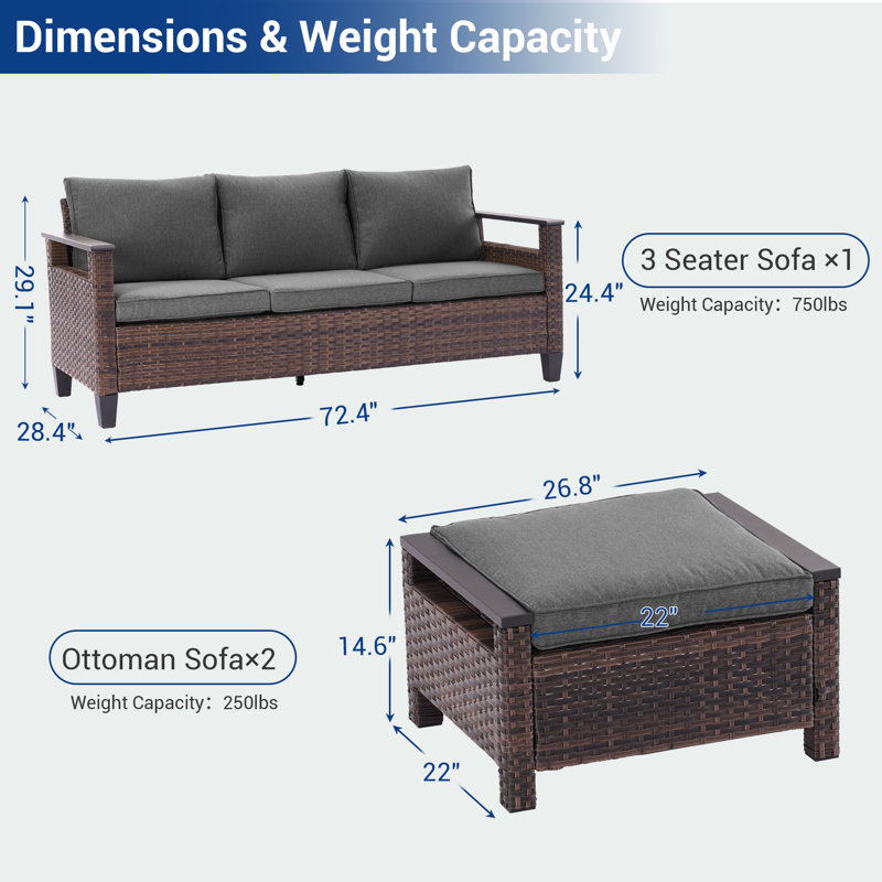 Ensemble de canapés de patio 3 pièces avec repose-pieds, osier en rotin PE pour patio, terrasse et cour