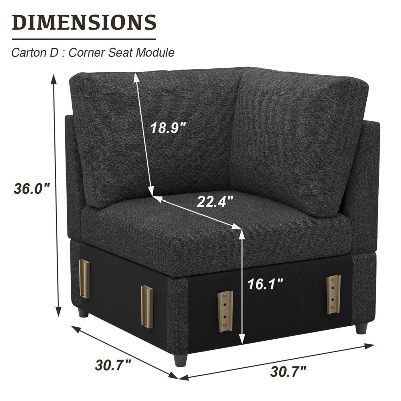 Armless Corner Single Seat Module For Modular Sectional Sofa, Dark Gray Chenille