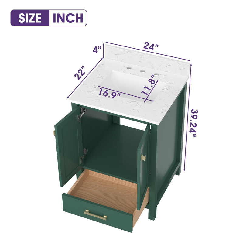 Cholena 24 Inch Bathroom Vanity With Single Sink, Brushed Gold, Green