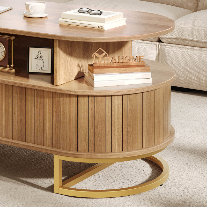  47.2" Oval Coffee Table With Curved Sliding Doors & Storage
