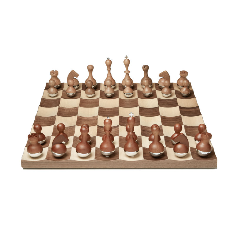 Modern Walnut and Maple Wobble Chess Set with Chrome Accents