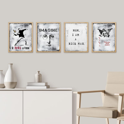 " Banksy Style Grunge Typography Wall Art Set Of 4 Boy's Bedroom Illustration Prints Contemporary " 4 - Pieces