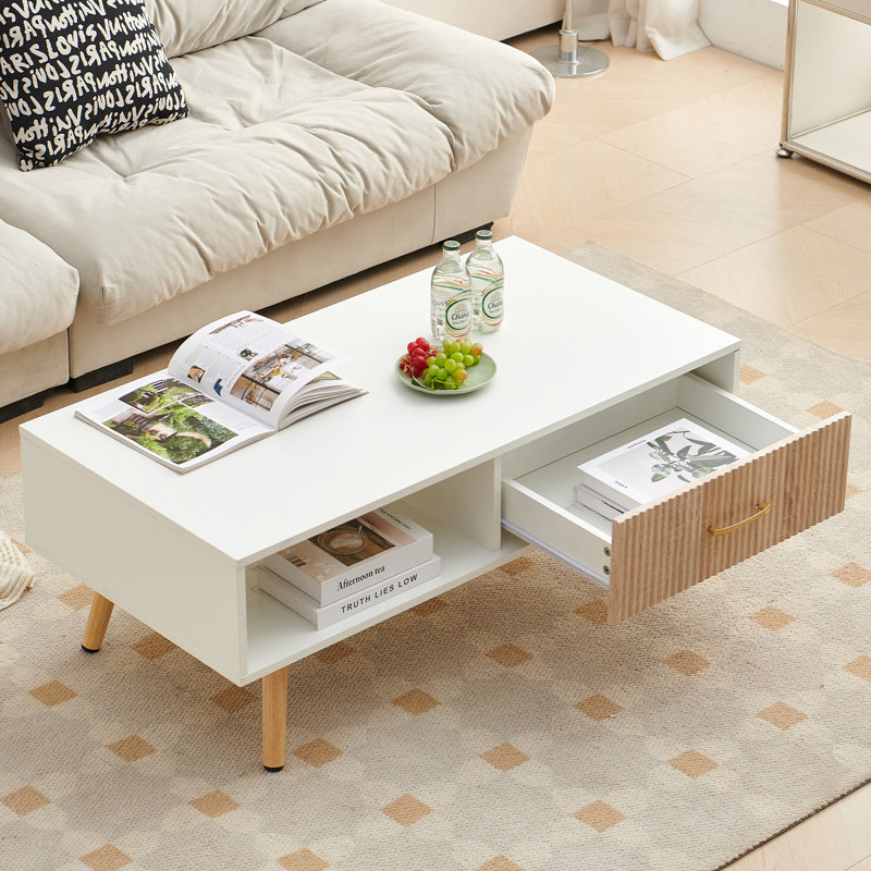 Table basse rectangulaire avec pieds en bois massif, tiroir coulissant pour le rangement, table moderne pour le salon