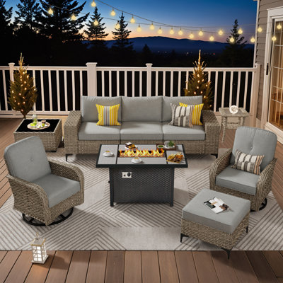 6 - Person Patio Furniture Set With Swivel Rocker, Outdoor Wicker Rattan Sectional Seating Group With Cushions, All Weather Sofa Conversation Set With