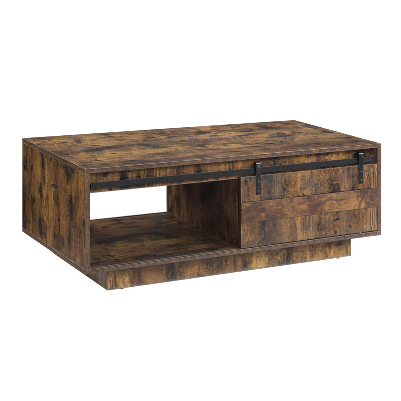 Table basse rustique avec une porte de grange coulissante et un tiroir