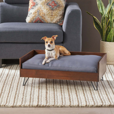 Lit pour animal de compagnie luxueux en bois d'acacia de style Mid-Century moderne et coussin résistant à l'eau pour animaux de compagnie de petite et moyenne taille
