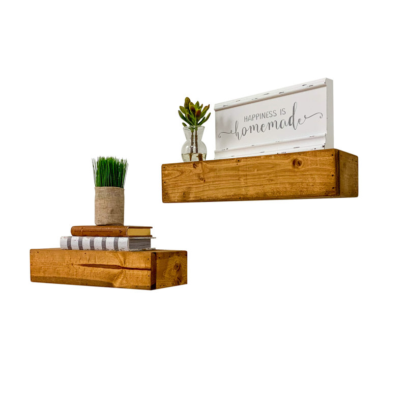 2 Piece Pine Floating Shelf, 3.75" H x 16" W x 6" D, Light Brown