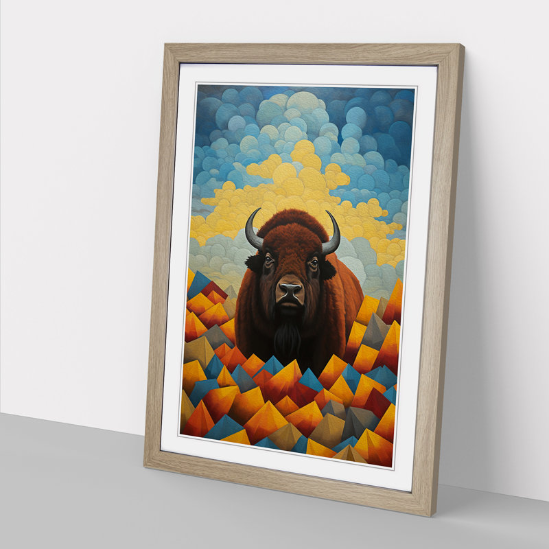 Bison Dadaism Art - Framed Print, 34cm H x 25cm W x 2cm D, Oak Framed