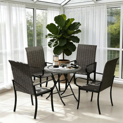 Chaise de salle à manger pe 4 tissée à la main avec structure haute en acier rouille, brun, idéale pour la salle de patio. Assemblage requis dossier haut