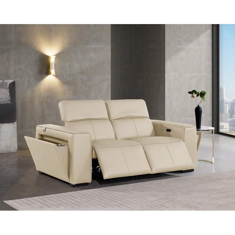 Top Grain Italian Leather Modular Power Dual Reclining Loveseat With Power Headrests, Beige