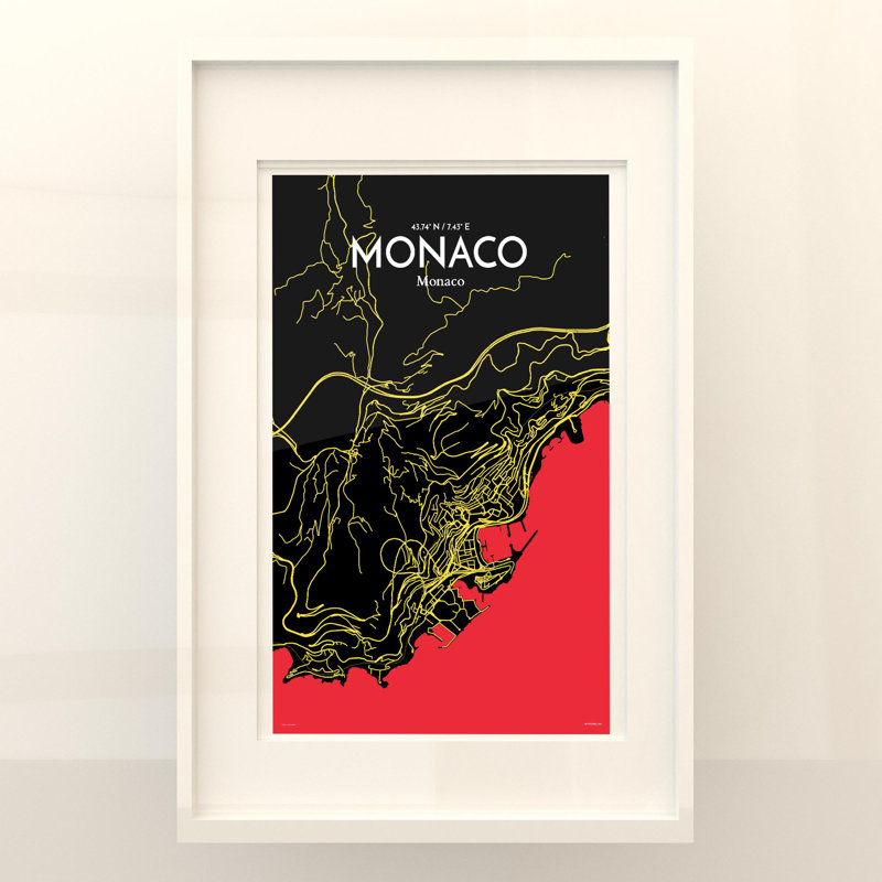 Monaco City Map, impression, H 17 po x l 11 po, Noir / rouge / jaune