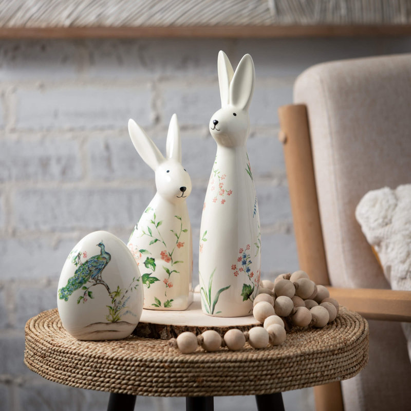 White Ceramic Floral Bunny Figurine Set, 12" and 9"
