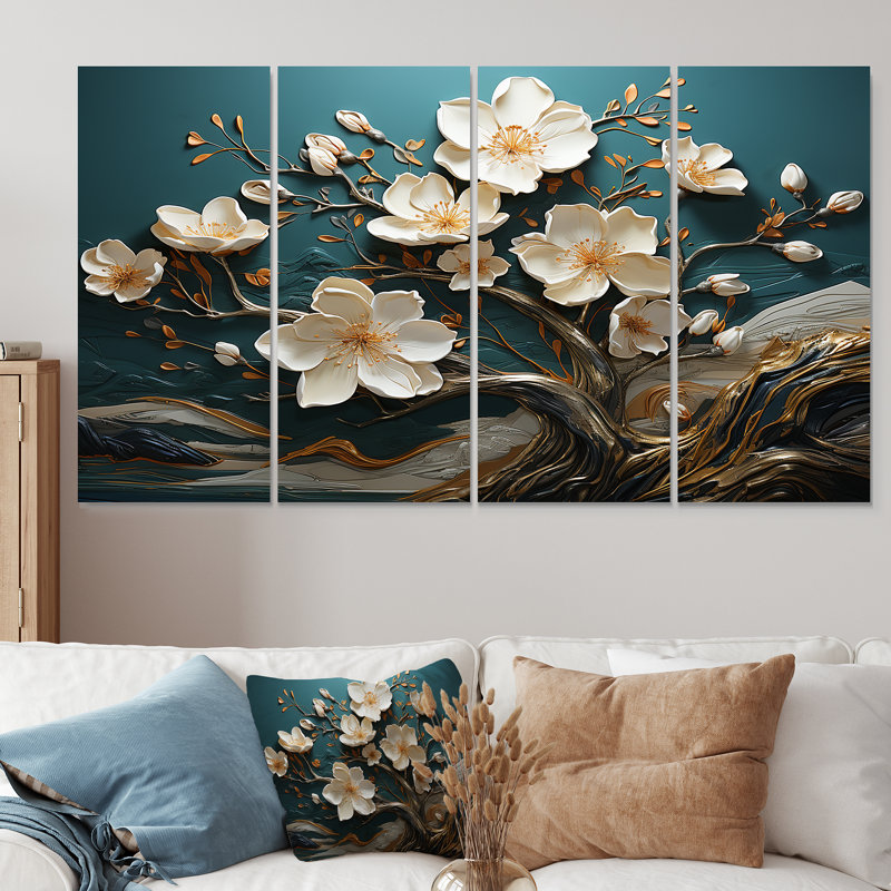 Art mural 4 pièces blanc et doré, H 32 po x l 64 po