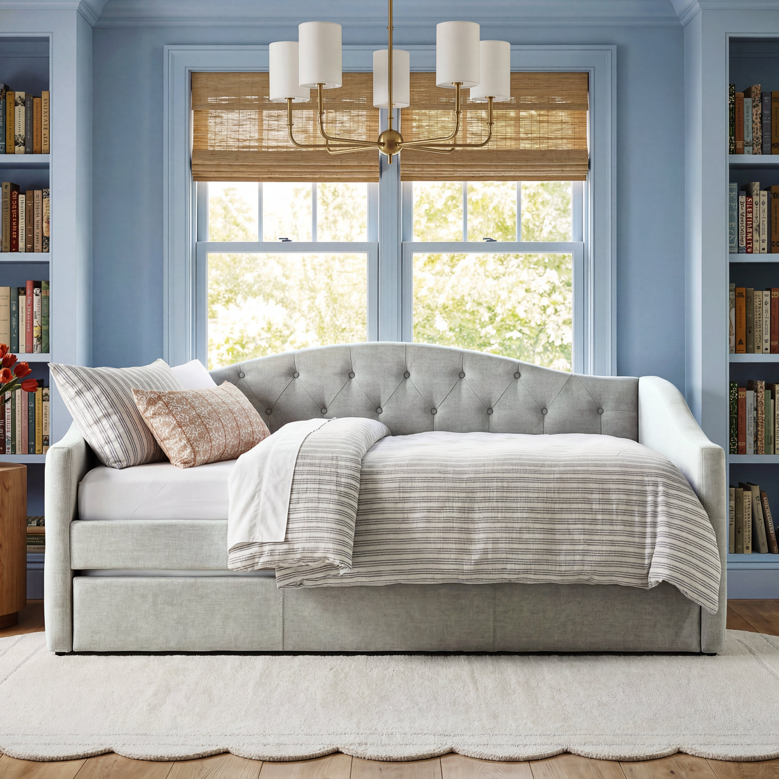 Birdwell Upholstered Linen Blend Daybed with Trundle Bed, Beige