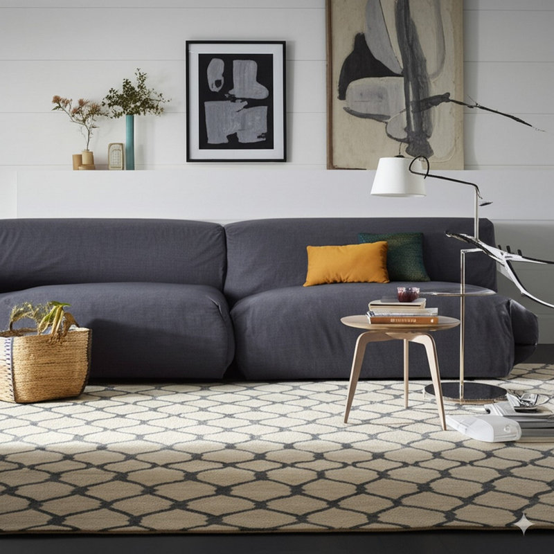 Hand Tufted Wool Geometric Area Rug, Ivory/Tan/White, Rectangle 5' x 8'