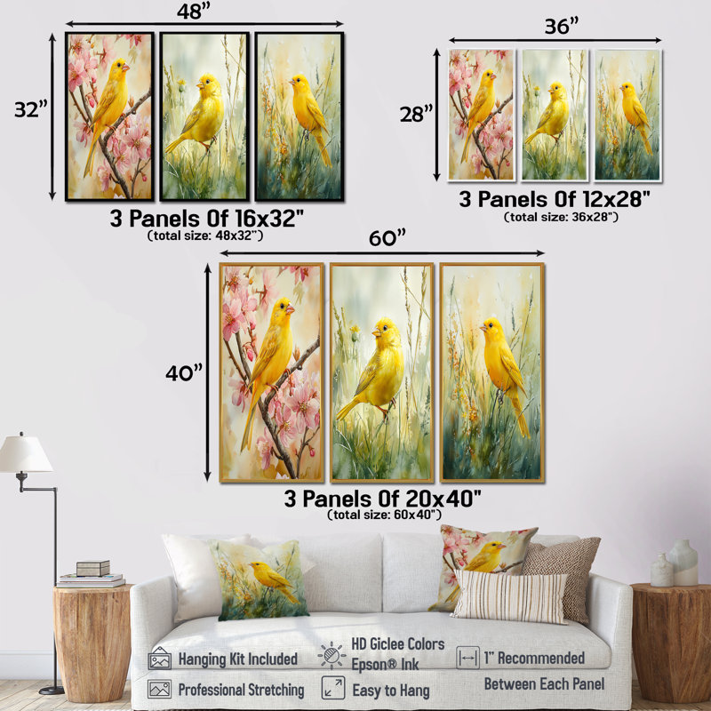 Oiseau canari dans les fleurs I - Collection moderne de reproductions sur toile, H 28 po x l 36 po, Toile tendue