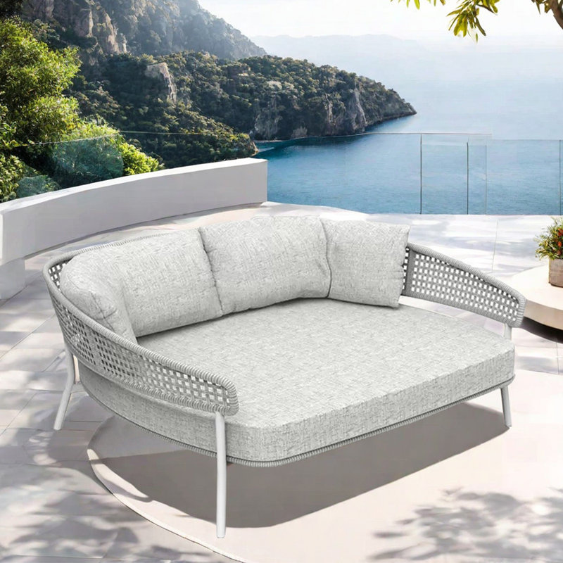 Outdoor Courtyard Patio Daybed 66.93'' Wide Rectangle Patio Daybed with Cushions, Light Gray, Gray White