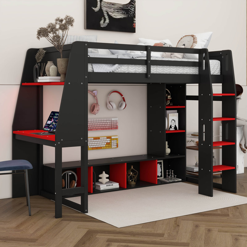 Lit mezzanine simple avec bureau, étagères à rangement multiples, support à vêtements à DEL et à suspendre, cadre de lit en bois