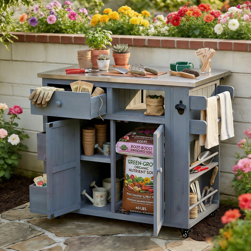Îlot de cuisine extensible en bois de sapin massif et station de préparation pour barbecue avec plateau en acier inoxydable et roues verrouillables