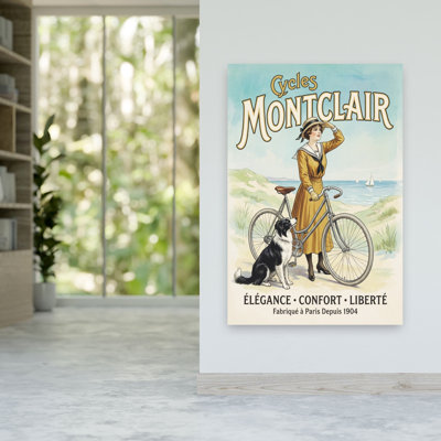 «Elegant Woman Beach Ride Classic Elegant Retro Dog Coastal», reproduction d'art mural