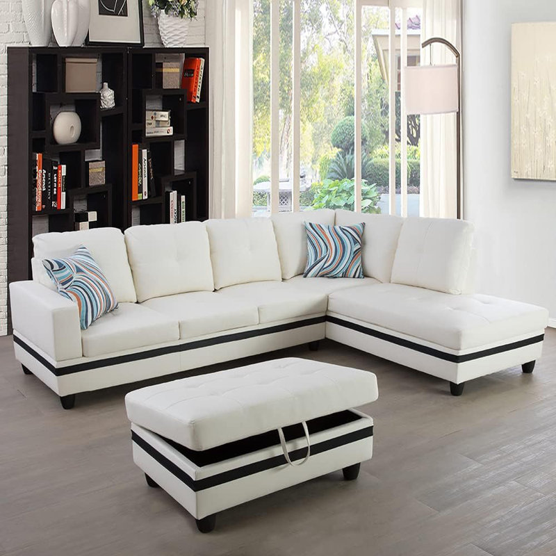 3 - Piece Semi Pu Synthetic Leather Sectional, White/Black Faux Leather