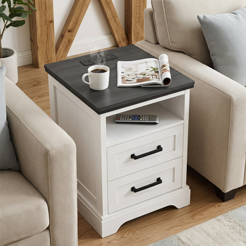 Table de bout industrielle à 2 tiroirs avec ports USB et tablettes de rangement