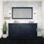 Meuble-lavabo double 60 po bleu marine X P 22 po, plateau en quartz blanc, structure en bois massif, conception à fermeture en douceur, deux armoires intérieures, six tiroirs, comptoir à teinture, comptoir à installation facile du robinet, corps,
