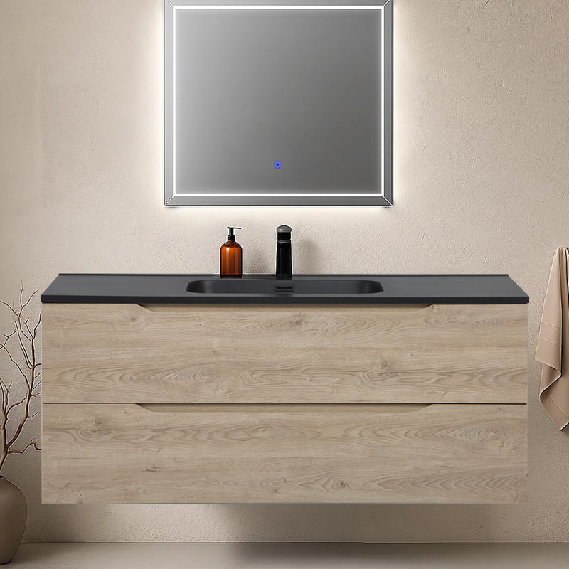 Meuble-lavabo mural moderne 48 po avec lavabo simple intégré noir mat, finition chêne Evita, 48"
