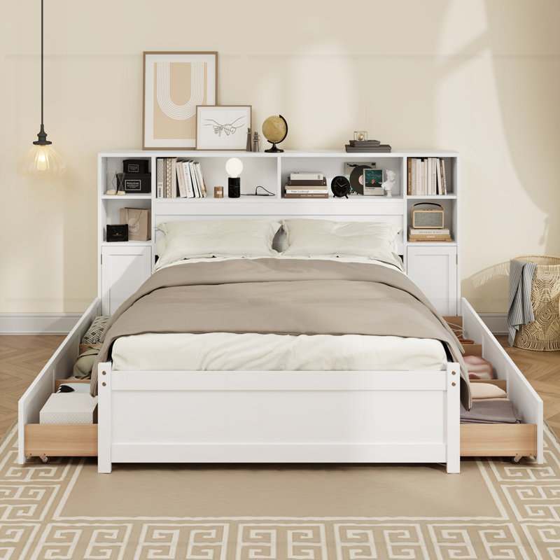 Lit de rangement polyvalent en bois avec tête de lit allongée et tiroirs multiples, Lit simple