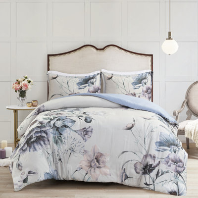 Housse de couette pour très grand lit / très grand lit 3 pièces - Style chic décontracté avec attrayant motif floral, combinaison de couleurs douces, comprend 1 et 2 taies décoratives, attaches de coin à fermeture à boutons, literie en coton à motif de fleurs délicates
