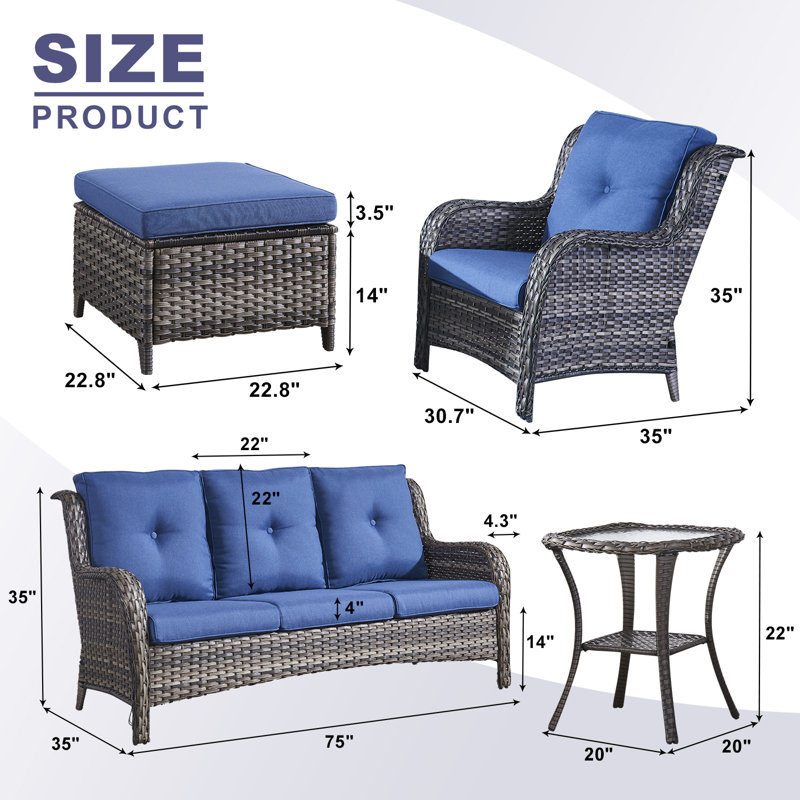 Ensemble de conversation avec canapé en rotin 7 pièces avec coussins Bonia, Bleu, gris