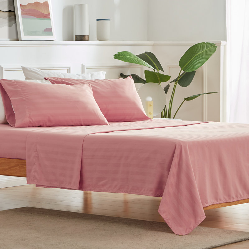Sateen Striped Sheet Set, King Sheet Set + Fitted Sheet + 2 Pillowcases, Pink