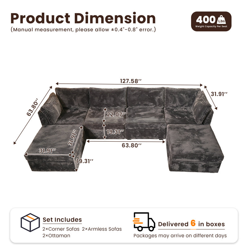 6-piece Modular U-shaped Sectional Plush Corduroy Sofa With Movable Ottoman, Comfy Deep Seat Cloud Couch, Upholstered Living Room Set