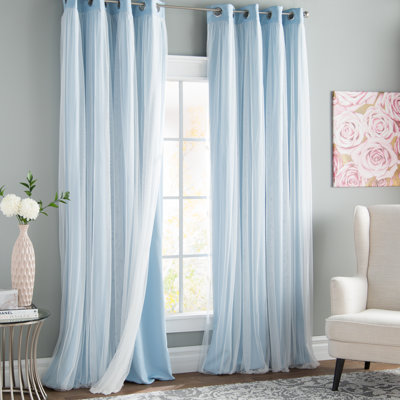 Fortuna Brockham Solid Tulle Overlay Room Darkening Grommet Curtain Panels