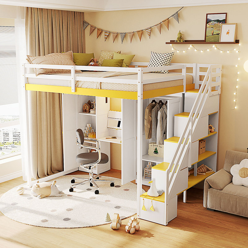 Lit mezzanine double avec escalier de rangement, Blanc / jaune