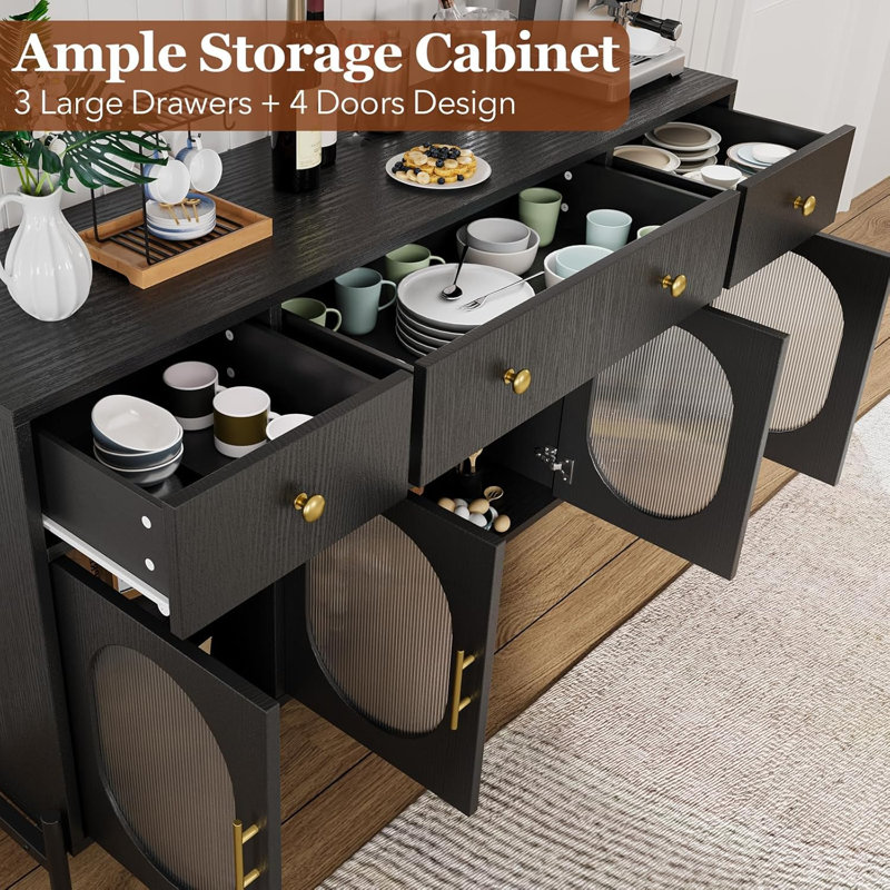 Black Iron and Engineered Wood Buffet Cabinet with Fluted Glass Doors