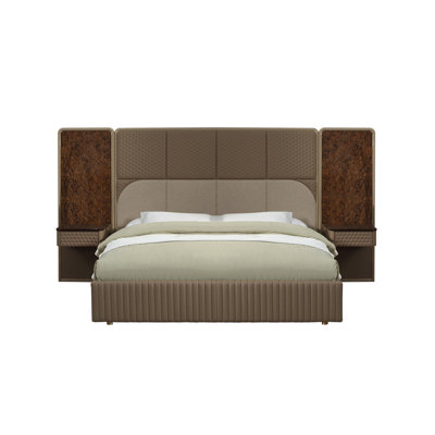 Brown & Beige Microfiber Leather & Glossy Wood Grain  Bed ( Bed Only)