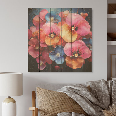 Neon Tropical Fantasy Pansys - Pensées, art sur bois de pin naturel