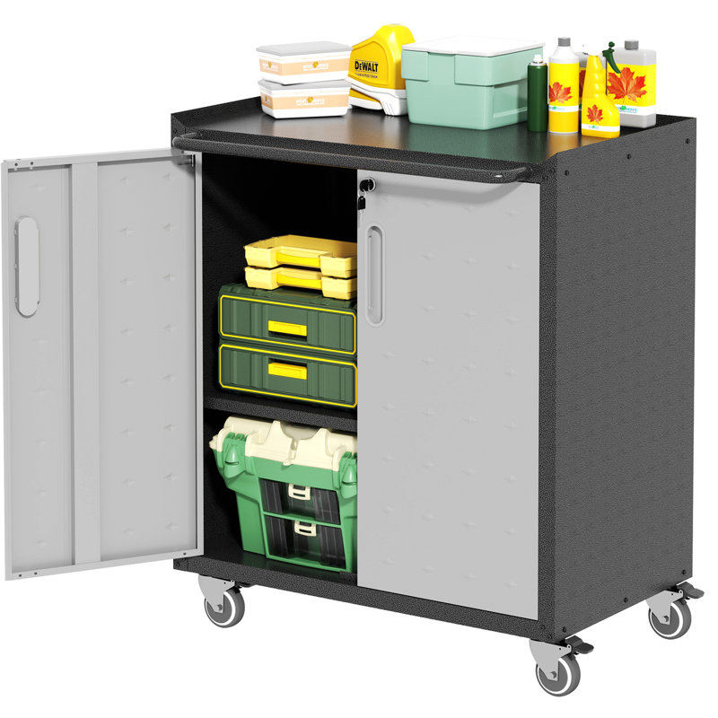 Metal Garage Storage Cabinet With Wheels, Black/Gray