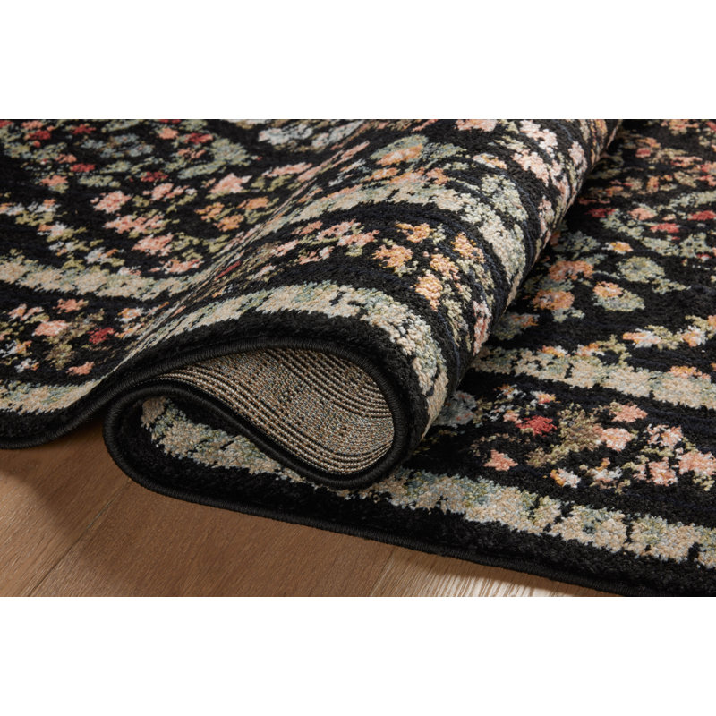 Tapis noir Rifle Paper Co. x Loloi Laurel, Rectangle 3 pi 11 po x 5 pi 7 po