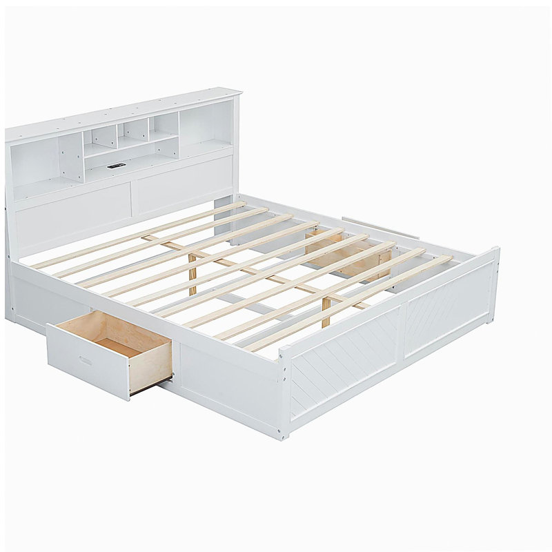 Grand lit plateforme en bois avec tête de lit multifonctionnelle, USB et tiroirs, Blanc