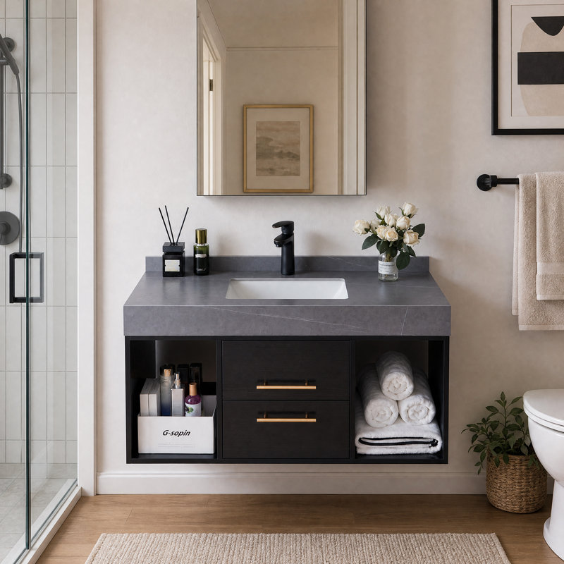 Ensemble de meuble-lavabo flottant moderne 40 "avec plateau en pierre frittée gris épais, lavabo sous-comptoir et drain
