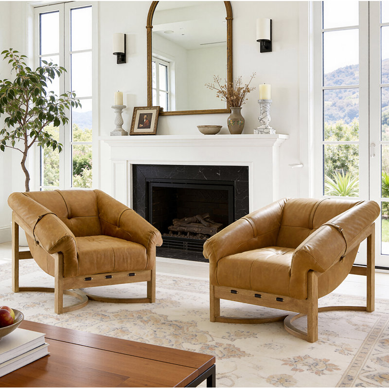 Rod 33''W Full-Grain Leather Upholstered Armchair Leisure Lounge Chair with Ash Wood Base, Cognac Full-Grain Leather