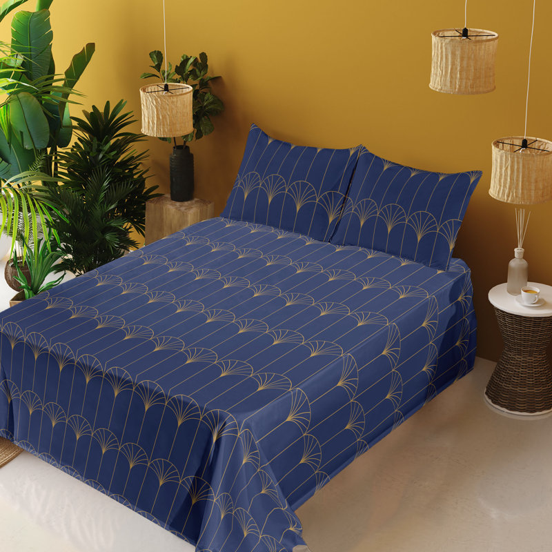 Microfiber Sheet Set, Full Sheet Set with 2 Pillowcases, Navy Blue Geometric