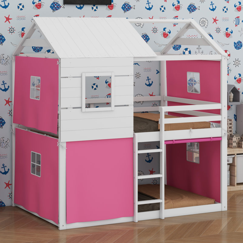 Unique Wood Playhouse Loft Bunkbeds With Ladders , Safety Guardrails ,Elegant Windows And Tent, Full, Pink/White