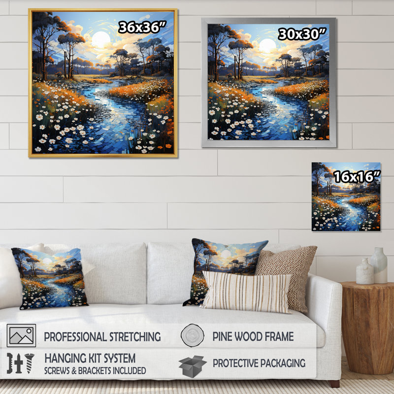 Pointillism River Charm - Pointillism Wall Art Prints, H 36 po x l 36 po x P 1,5 po, Cadre flottant doré