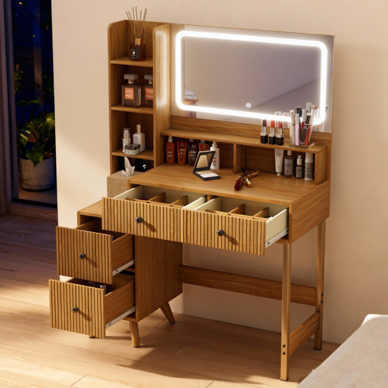 Makeup Vanity with LED Mirror & Built-In Outlets, Vanity With 4 Drawers and Display Shelf