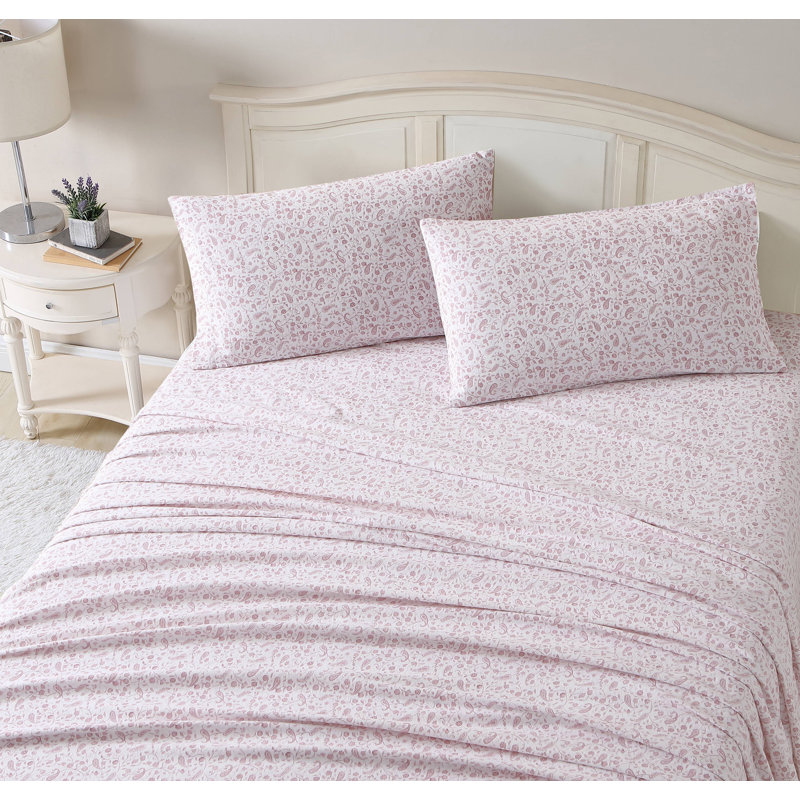 Brushed Cotton Flannel Sheet Set, King Sheet Set with 2 Pillowcases, Paisley Prance Pink